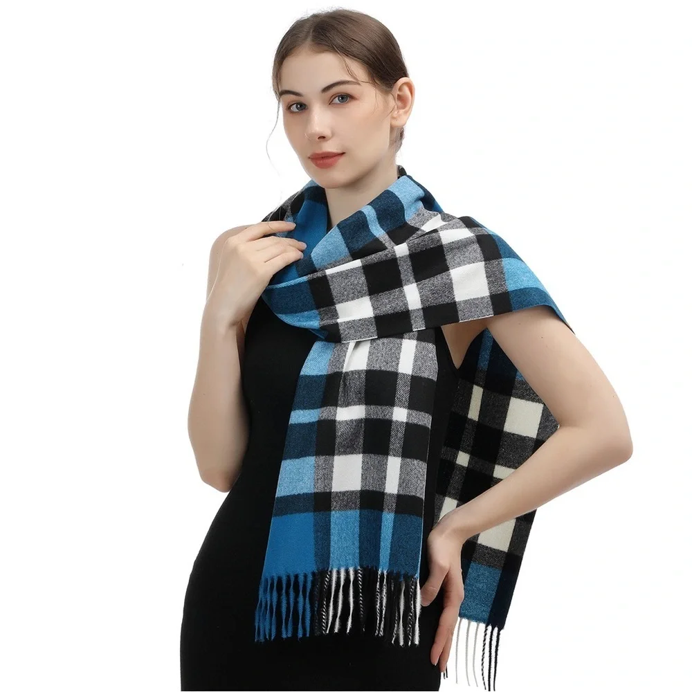 CASHMERE FEEL PLAID SCARF BLUE/WHITE